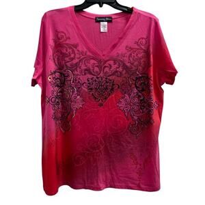 APPROPRIATE BEHAVIOR Red Pink swirl all over print v neck tee NWT Plus sz 1X